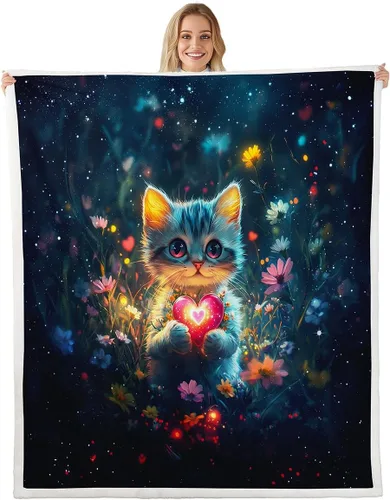 Manfei Cute Cat Kids Throw Blanket Flower Heart Print Fuzzy Blanket for Boy Girls Room Decor, Kawaii Animal Theme Blanket for Bed Couch Sofa, Soft