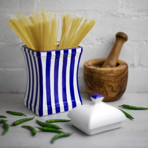 Miniatura 4 de City to Cottage Tarro grande de cerámica hecho a mano con tapa de 31.5 onzas / 30.4 fl oz con rayas azul marino oscuro Recipiente de cerámica
