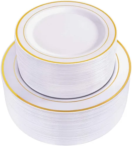 WDF 120 platos de plástico desechables dorados, platos blancos y dorados, incluyen plato llano y plato de ensalada para fiestas, baby shower, boda