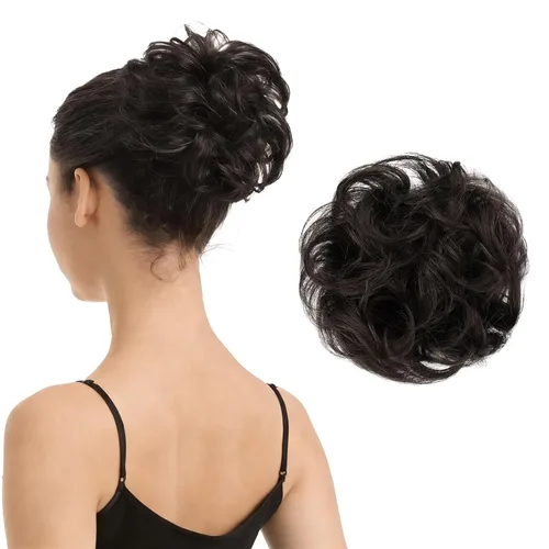 Miniatura 37 de BARSDAR Extensión de moño 100% humano – Cabello humano real rojo desordenado moño coletero para mujer – Extensiones elásticas onduladas