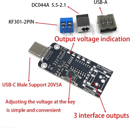 Miniatura 2 de 1 unids USB-C PD QC DC5V 9V 12V 15V 20V voltaje ajustable módulo de disparador de potencia 5A Tipo-C entrada macho