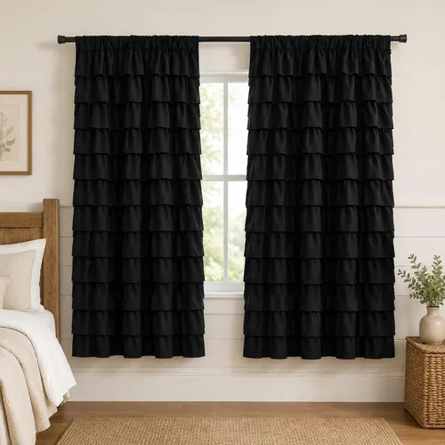 Black Ruffle Curtains 2 Panels, 12-Layer Ruffled Window Panels, Light Filtering Shabby Chic Farmhouse Drapes for Bedroom Dorm Bathroom, Rod Pocket,