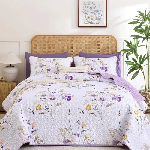 Miniatura 8 de WONGS BEDDING Juego de edredón floral verde azulado, tamaño Queen, juego de colcha de 3 piezas con patrón de plantas botánicas con 2 fundas