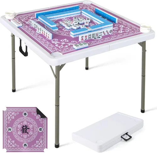 Miniatura 13 de Goplus Mesa de Mahjong, mesa plegable cuadrada de 35" con 4 portavasos, alfombrilla antideslizante, superficie de HDPE, patas de metal, mesa