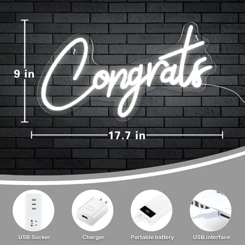 Miniatura 4 de Letrero de neón blanco con texto en inglés «Congrats – Letrero de neón LED regulable para decoración de pared de 17.7 x 9 pulgadas, decoración