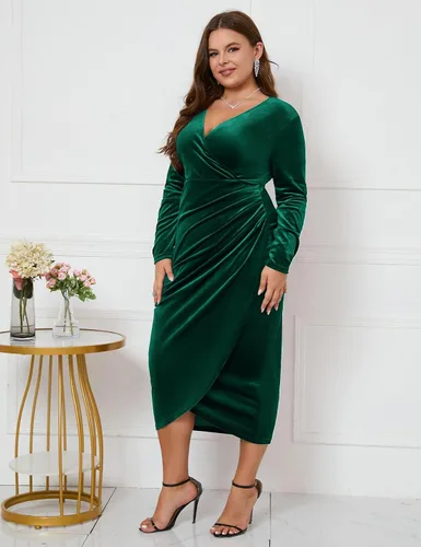 Miniatura 5 de ZOMVA Vestido cruzado de terciopelo de talla grande 2023, vestido ajustado fruncido, manga larga, con volantes, largo, elegante, fiesta, boda