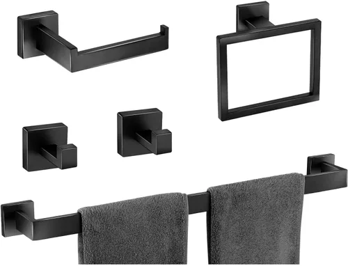 Juego de accesorios de baño de 5 piezas, color negro mate, toallero montado en la pared, soporte para papel higiénico, ganchos de acero inoxidable