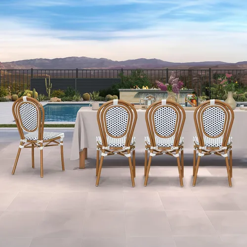 Miniatura 12 de PURPLE LEAF Juego de 1 silla de comedor al aire libre, marco de aluminio francés en acabado de bambú con ratán tejido ámbar y blanco para cocina