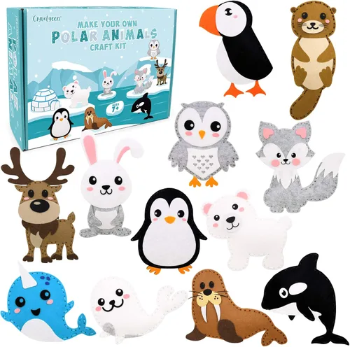 CiyvoLyeen Kit de costura de animales polares para niños, haz tu propio kit de manualidades de fieltro de animales polares de invierno, incluye 14