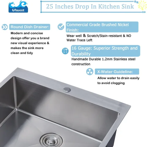 Miniatura 5 de Fregadero de cocina de 25 x 22 pulgadas, montaje superior de 25 pulgadas, níquel cepillado para lavandería, montaje superior, calibre 16, acero