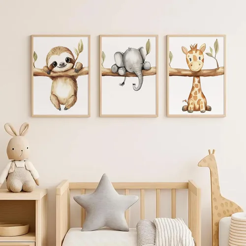 Miniatura 7 de Decoración artística de pared de animales para guardería, imágenes de la habitación del bebé, safari de la selva, lienzo para decoración de pared