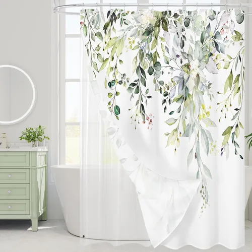 Miniatura 64 de Gibelle - Cortina de ducha de eucalipto marrón, hojas de plantas de acuarela con diseño floral, juego de cortina de ducha con ganchos, 72 x 72