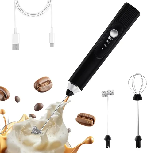 Batidora de mano con espumador de leche, batidor eléctrico recargable, agitador de espuma de mano inalámbrico con 2 cabezales, 3 velocidades, para