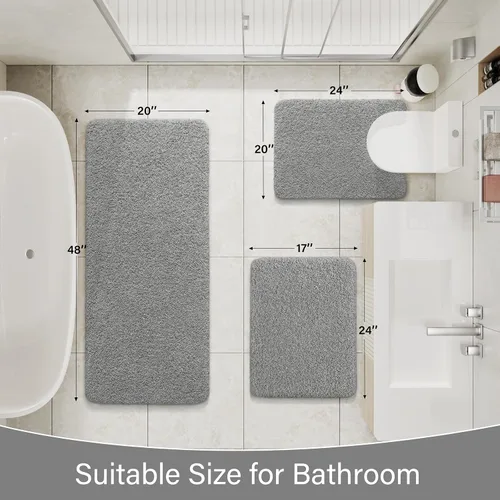 Miniatura 2 de LOCHAS Juego de alfombras de baño de 3 piezas, juego de alfombras de baño largas de microfibra antideslizantes, lavables, juego de alfombras de Gris