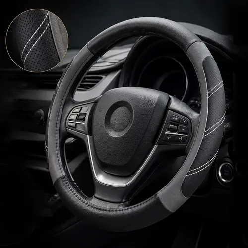 Miniatura 8 de Elantrip Funda de cuero para volante de 14 1/2 a 15 pulgadas, universal, acolchada, agarre suave, transpirable para automóvil, camión, SUV, Jeep
