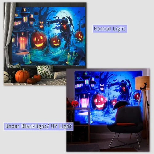 Miniatura 3 de Shoowyees Tapiz de luz negra de Halloween, tapiz nocturno para colgar en la pared, bosque embrujado con tumba y calabazas, manta de pared reactiva a