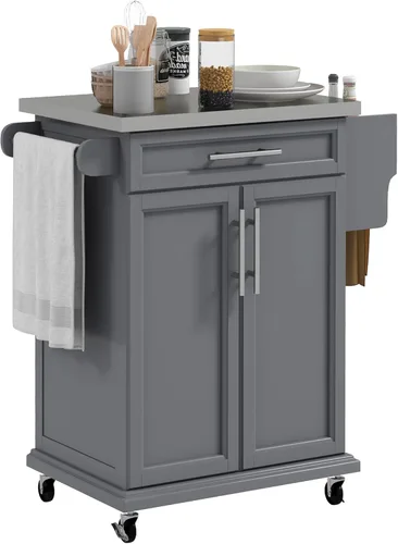 Miniatura 10 de HOMCOM Isla de cocina sobre ruedas, carrito de cocina rodante con encimera de acero inoxidable, cajón, toallero y estante de especias, carrito