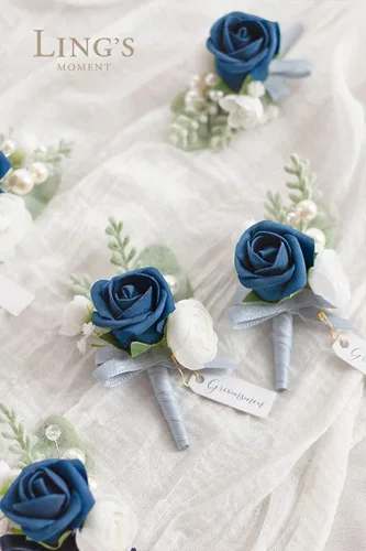 Miniatura 3 de Ling's Moment Paquetes de flores de boda prearreglados en azul polvoriento y azul marino, paquete de boutonnieres y ramilletes de muñeca