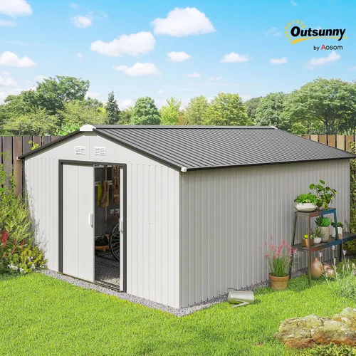 Miniatura 2 de Outsunny Cobertizo de almacenamiento exterior de 11' x 13', cobertizo de metal para herramientas de jardín con kit de cimentación, puerta con doble