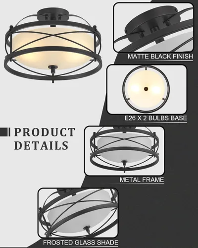 Miniatura 3 de Accesorios de luz de tambor para entrada, lámpara de techo rústica de montaje semiempotrado para pasillo, sala de estar, dormitorio, cocina (negro)