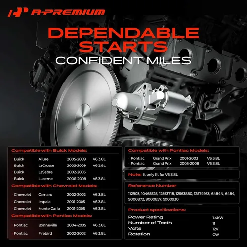 Miniatura 2 de A-Premium Motor de arranque compatible con Chevy Impala, Monte Carlo, Camaro y Buick Lacrosse, Regal, Lesabre y Pontiac Grand Prix, V6 3.8L, 12V