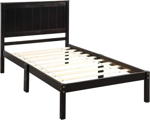 Miniatura 5 de P PURLOVE Marco de cama individual, cama de plataforma de madera maciza con cabecero, no necesita somier, espresso