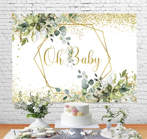 Miniatura 4 de InMemory Greenery Oh Baby Shower - Telón de fondo con purpurina de eucalipto dorado neutro para baby shower, fondo de fotografía de hojas verdes