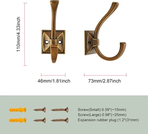 Miniatura 3 de TUNNY Paquete de 5 ganchos para colgar en la pared de diseño antiguo, ganchos de latón antiguo, gancho para toallas para armario de zapatos