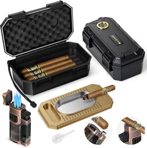 Set de humidificador de puros de viaje con encendedor de antorcha, cenicero, soporte, humidificador y higrómetro, estuche de viaje portátil para