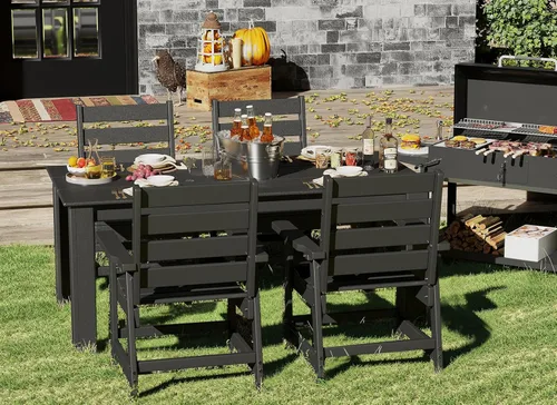 Miniatura 5 de GREENVINES Juego de comedor al aire libre de 7 piezas Juegos de mesa y sillas de plástico HDPE de 67 pulgadas para 6 Muebles de patio Todo