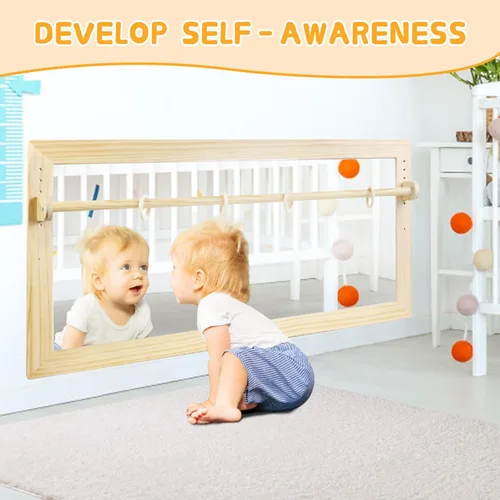 Miniatura 2 de Espejo Montessori con barra, barra de dominadas ajustable de madera para bebé, piso y pared, inastillable, seguridad, coordinación infantil, muebles