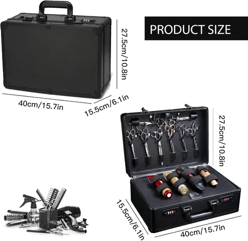 Miniatura 2 de Estuche de peluquero portátil para cortapelos y suministros, doble capa grande, herramientas de viaje, caja organizadora, kit de peluquería Negro