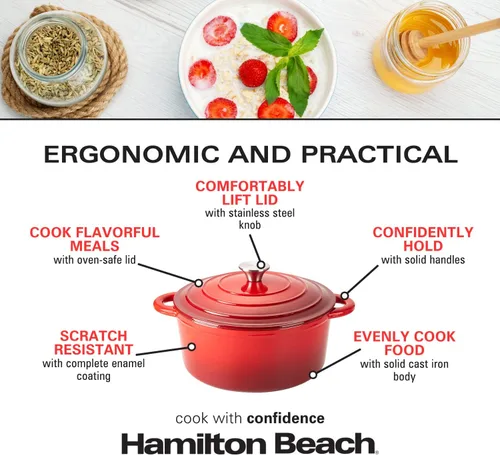 Miniatura 5 de Horno holandés de hierro fundido esmaltado Hamilton Beach de 5.5 cuartos de galón rojo, olla de horno holandés con tapa esmaltada en crema Rojo 2