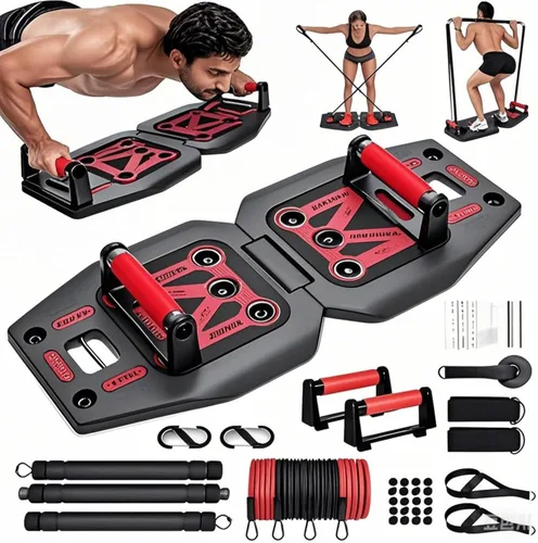 Equipo de ejercicio para gimnasio en casa, sistema de entrenamiento portátil, 17 accesorios de fitness, juego de tablas de empuje 9 en 1, bandas de