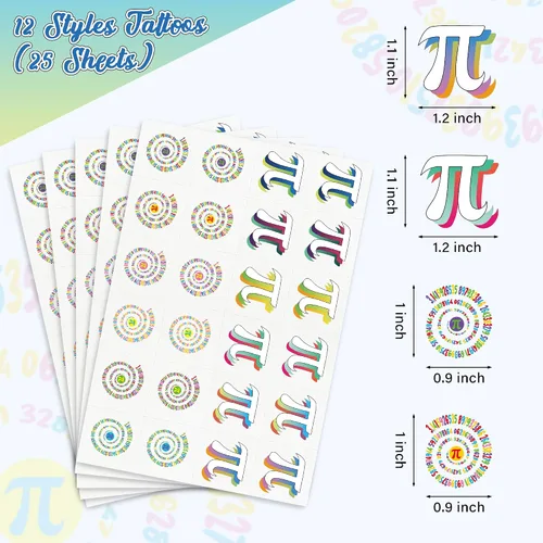 Miniatura 2 de WATINC 600 calcomanías de tatuajes de día Pi a granel, 25 hojas de tatuajes temporales con símbolos Pi, calcomanías de tatuaje falsas para el día