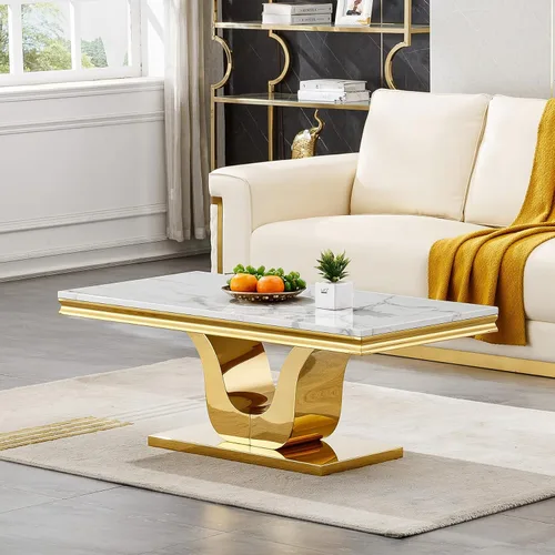 Miniatura 25 de SSLine Mesa de Centro Rectangular de Mármol Sintético para Sala de Estar, Mesa Central Moderna de Mármol Blanco de Lujo con Base Doble en Forma de U