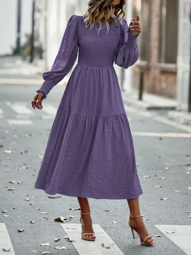 Miniatura 2 de PRETTYGARDEN Women 2024 Puff Long Sleeve Crewneck Smocked Maxi Dress Solid Empire Waist Tiered A-line Swing Flowy Long Dress