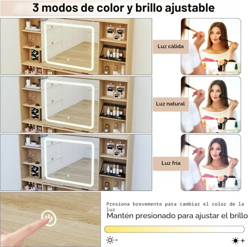 Miniatura 5 de Escritorio de tocador acanalado de 43.3 pulgadas con espejo y luces, escritorio de maquillaje de madera con estación de carga y espejo móvil, Roble