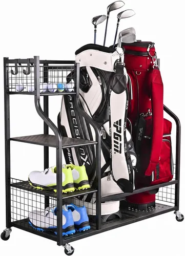 SNAIL Golf Bag Garage Storage Organizer Extra Large Size Golf Bag Rack Stand Holder Fits 2 Golf Bags and Other Golfing Equipment Accessories, Metal