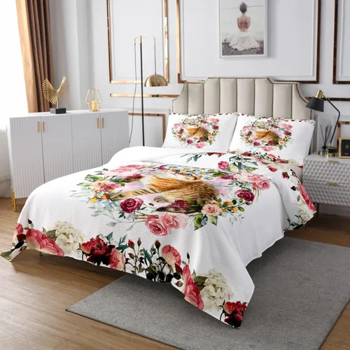 Miniatura 2 de Erosebridal Juego de colcha con diseño de gato y gatito, juego de colcha con temática de animales, juego de ropa de cama floral de flores coloridas