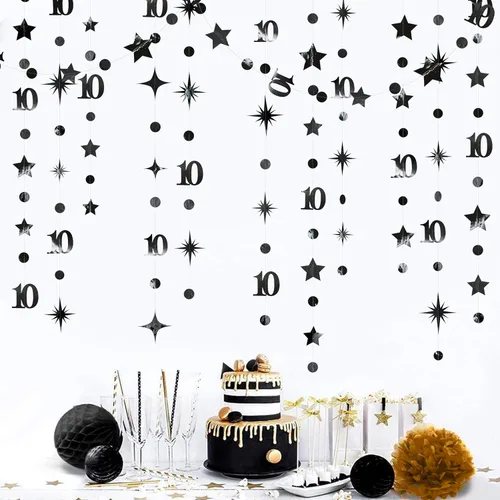Decoraciones negras de cumpleaños número 10, guirnalda de estrellas centelleantes con diseño de círculos, telón de fondo metálico para niñas, niños,