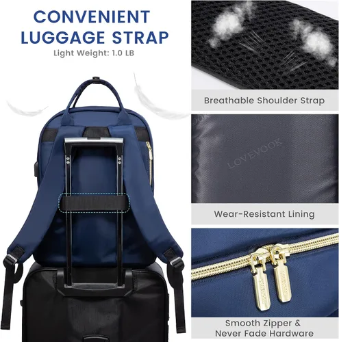 Miniatura 7 de LOVEVOOK - Mochila para portátil de mujer, mochila de trabajo de moda con puerto USB, mochilas impermeables para el trabajo., Azul marino, 17,3 pulg.