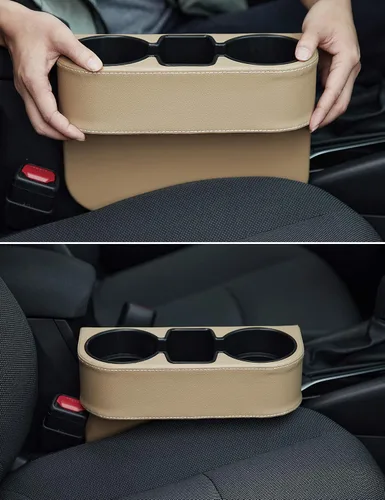 Miniatura 5 de IOKONE Consola de bolsillo lateral para monedas, cubierta de cuero con bolsillo lateral, portavasos para automóvil, organizador de asiento delantero