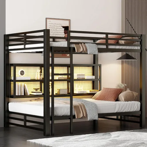 Miniatura 28 de Litera de metal resistente de tamaño individual sobre matrimonial, con escalera integrada y barandilla de seguridad para niños, adolescentes