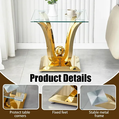 Miniatura 6 de Mesa auxiliar de cristal dorado, mesa auxiliar de lujo con base de acero inoxidable con acabado espejo y parte superior de vidrio templado, mesa