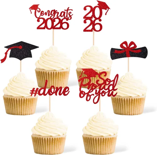 Miniatura 10 de 36 adornos para cupcakes de graduación de clase 2026, con purpurina azul de doble cara para suministros de fiesta de graduación, decoraciones