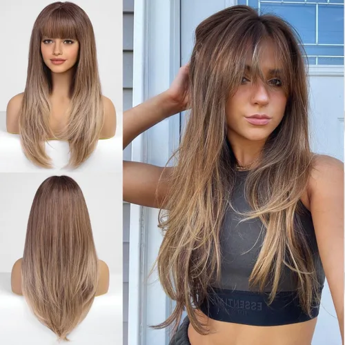 Miniatura 7 de EMMOR Peluca rubia con flequillo para mujer, pelucas largas y lacias, peinado sintético en capas para niñas, fiesta, cosplay y uso diario