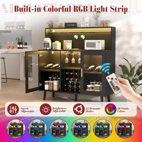 Miniatura 3 de MAGIC UNION Gabinete de bar de vinos con luz LED, barra de café para licor, gabinete de alcohol con estante de vidrio y estantes de vino extraíbles