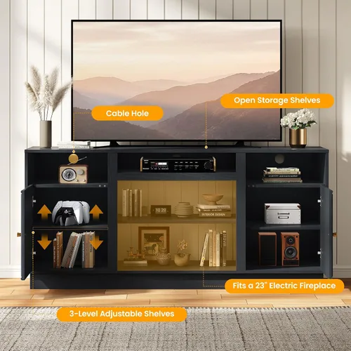 Miniatura 3 de RoyalCraft Soporte de TV negro para televisores de hasta 65 pulgadas, centro de entretenimiento moderno de mediados de siglo con almacenamiento