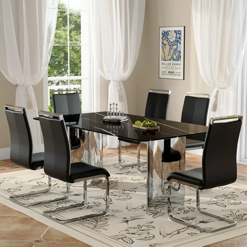 Miniatura 8 de Moderno juego de mesa de comedor para 6, 7 piezas, mesa rectangular de mármol sintético de 71 pulgadas con base de acero inoxidable plateado
